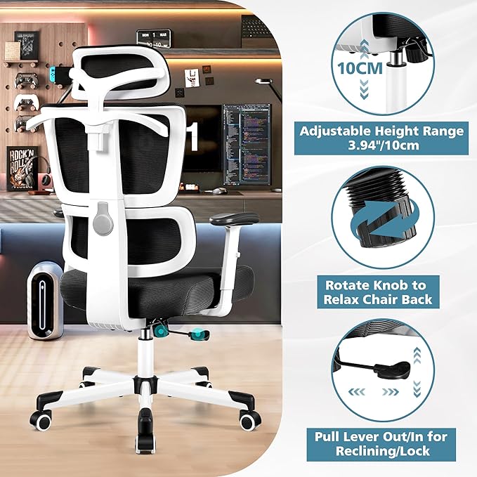 Primy Office Chair Ergonomic Desk Chair, High Back Computer Gaming Chair, Comfy Big and Tall Home Office Chair with Lumbar Support, Breathable Mesh Reclining Chair Adjustable Armrests Headrest(White) - LeafyLoom