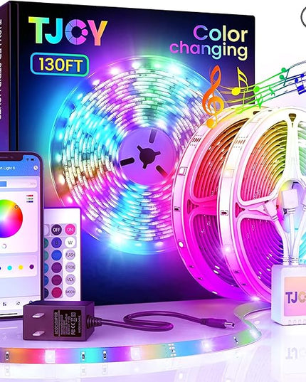 TJOY 130ft Bluetooth LED Strip Lights, RGB Color Changing, Music Sync, App Control, Indoor Usage, 5050 SMD, 2 Rolls, for Bedroom Kitchen TV Party (APP+Remote +Mic) TJOY