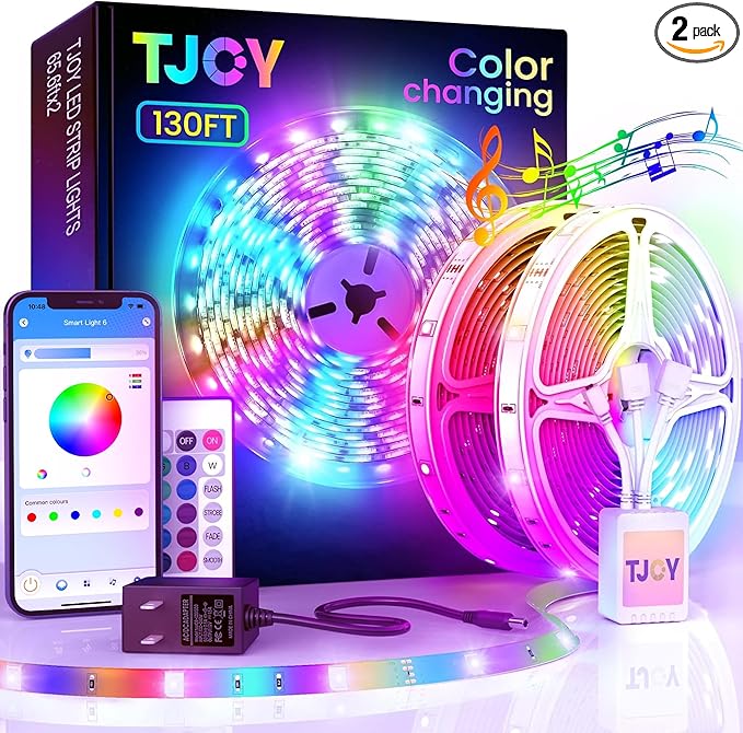 TJOY 130ft Bluetooth LED Strip Lights, RGB Color Changing, Music Sync, App Control, Indoor Usage, 5050 SMD, 2 Rolls, for Bedroom Kitchen TV Party (APP+Remote +Mic) TJOY