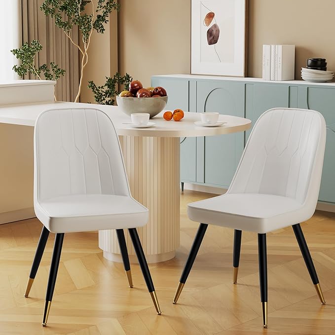 Alunaune Modern Dining Chairs Set of 2 Upholstered Kitchen Chairs, Mid Century Armless Leisure Accent Chair Living Room Faux Leather Desk Side Chair-White - LeafyLoom
