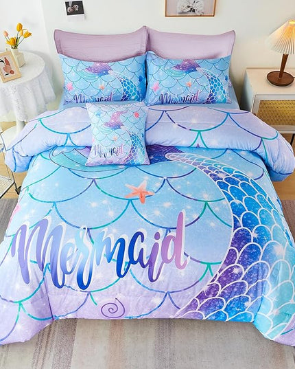 URBONUR 6 Piece Mermaid Tail Comforter Set Full Size, Mermaid Fish Scale Bedding Set for Girls Ombre Purple Blue Sparkle Comforter with Sheets Set Soft All Season Room Decor Bed Set - LeafyLoom