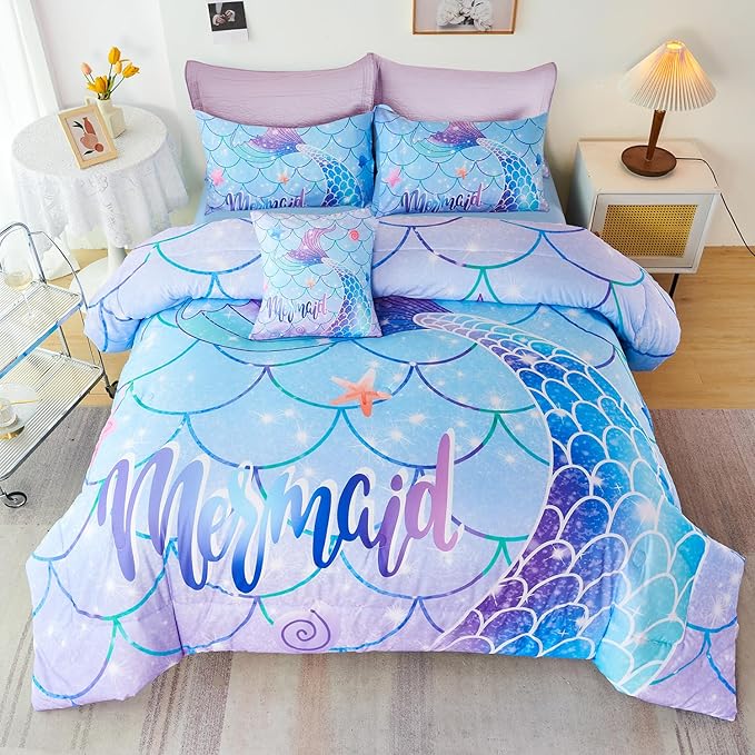 URBONUR 6 Piece Mermaid Tail Comforter Set Full Size, Mermaid Fish Scale Bedding Set for Girls Ombre Purple Blue Sparkle Comforter with Sheets Set Soft All Season Room Decor Bed Set - LeafyLoom