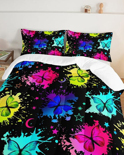 HOSIMA Colorful Butterfly Comforter Set for College Girls and Boys Twin Bed in a Bag,3Pcs Bedding Set Colorful Ink Print Comforter with 2 Pillowcases,Star Moon Black Twin Comforter for All Seasons. - LeafyLoom