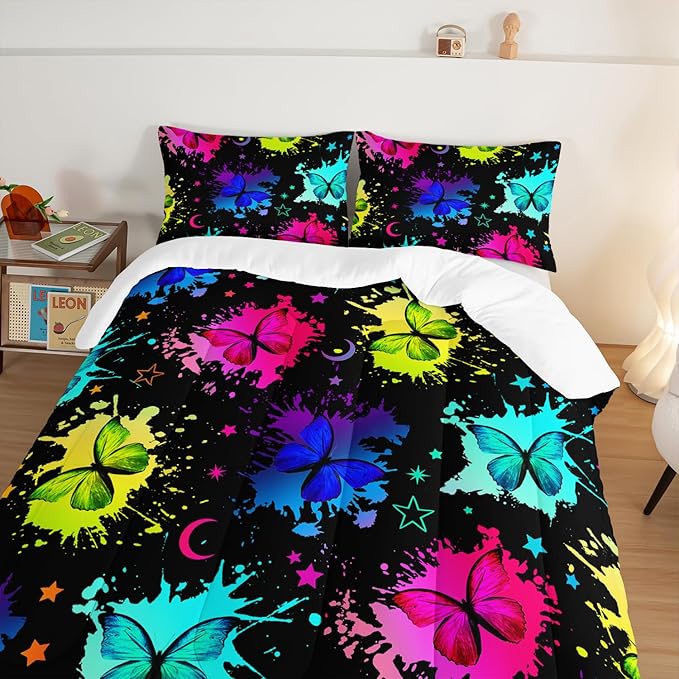 HOSIMA Colorful Butterfly Comforter Set for College Girls and Boys Twin Bed in a Bag,3Pcs Bedding Set Colorful Ink Print Comforter with 2 Pillowcases,Star Moon Black Twin Comforter for All Seasons. - LeafyLoom