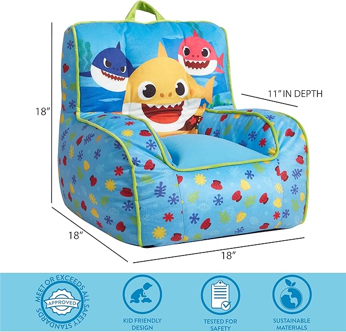 Idea Nuova Baby Shark Kids Mink Plush Bean Bag Chair with Piping & Top Carry Handle, Large - LeafyLoom