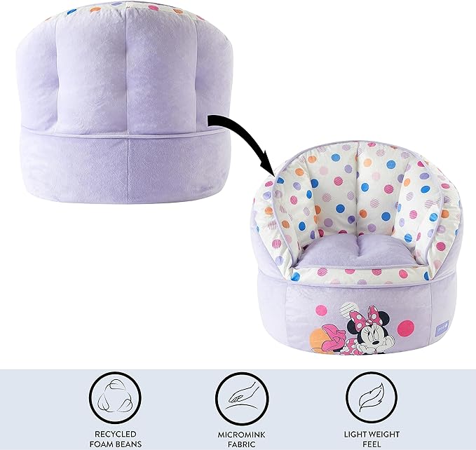Idea Nuova Disney Minnie Mouse Purple with Polka Dots Round Bean Bag Chair for Kids, Ages 3+, Large - LeafyLoom