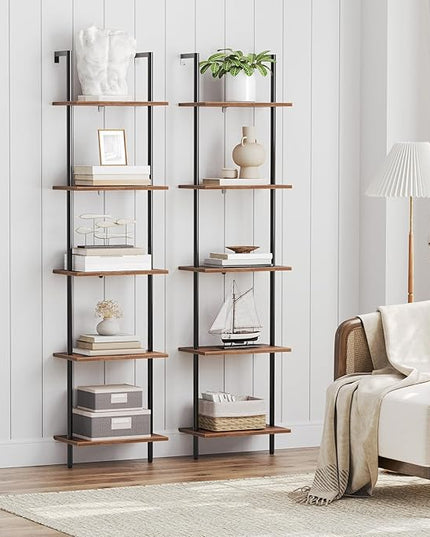 HOOBRO DIY Ladder Shelf, 5-Tier Wooden Wall Mounted Bookshelf, Narrow Bookcase, Display Shelf, Storage Rack, Plant Stand, for Living Room, Bedroom, Study, Balcony, Rustic Brown and Black BF531CJ01 - LeafyLoom