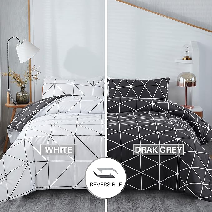 Black & White Comforter Bed in a Bag King for Kids Adults, 3Pcs Reversible Geometric Bedding Set with 2 Pillow Shams for All Seasons (King,104x90inches) - LeafyLoom