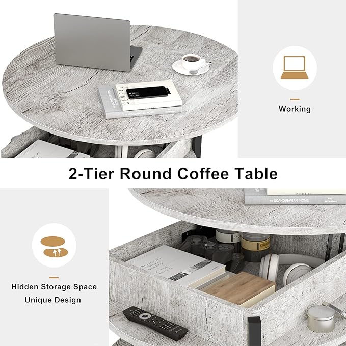 FABATO Round Lift Top Coffee Table, 35.43’’ Circle Coffee Table with Storage for Living Room Reception Room, Farmhouse 2 Tier Large Round Dining Table, Wood, Gray - LeafyLoom