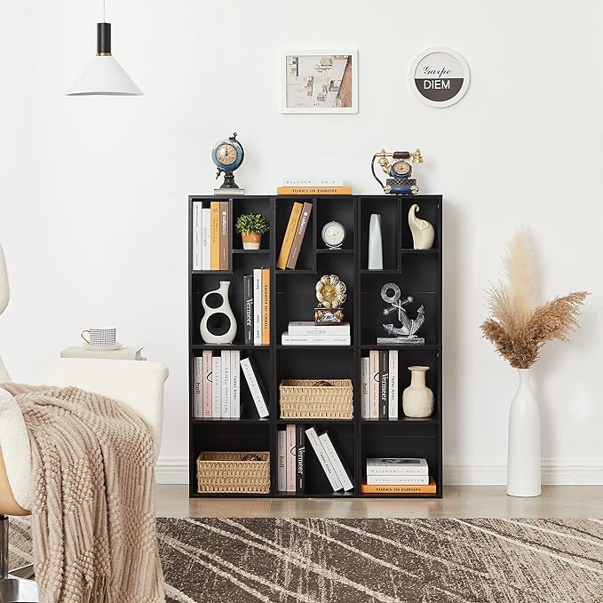 VECELO 4-Tier Slim Bookcase, Modern Storage Cabinet, Slim Bookshelf, Fits Tallest Hardcover, 5 Cubes, Vertical or Horizontal, Easy Assembly, Black - LeafyLoom