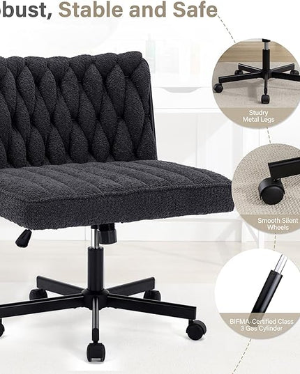 Criss Cross Legged Office Desk Chair with Wheels, Modern Armless Desk Chair with Wide Seat, Home Office Chair for Work, Meditation, Vanity, Black - LeafyLoom
