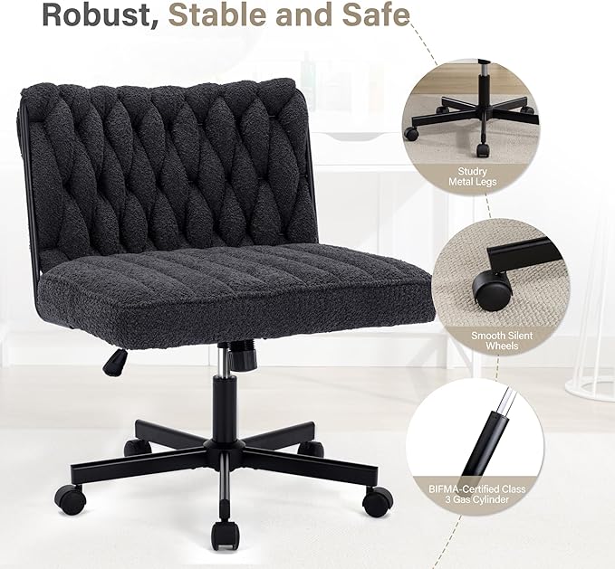 Criss Cross Legged Office Desk Chair with Wheels, Modern Armless Desk Chair with Wide Seat, Home Office Chair for Work, Meditation, Vanity, Black - LeafyLoom