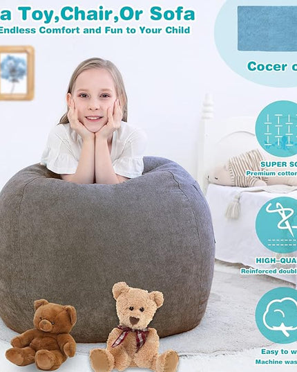 Stuffed Animal Storage Bean Bag Chair Cover (No Filler) for Kids .Soft Premium Corduroy Stuffable Beanbag for Organizing Children Plush Toys or Memory Foam Small 100L (Warm Grey) - LeafyLoom