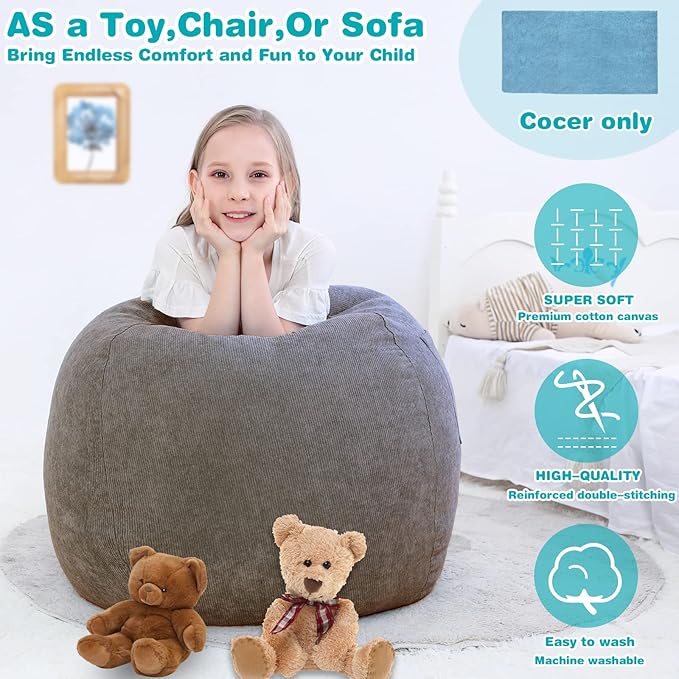Stuffed Animal Storage Bean Bag Chair Cover (No Filler) for Kids .Soft Premium Corduroy Stuffable Beanbag for Organizing Children Plush Toys or Memory Foam Small 100L (Warm Grey) - LeafyLoom