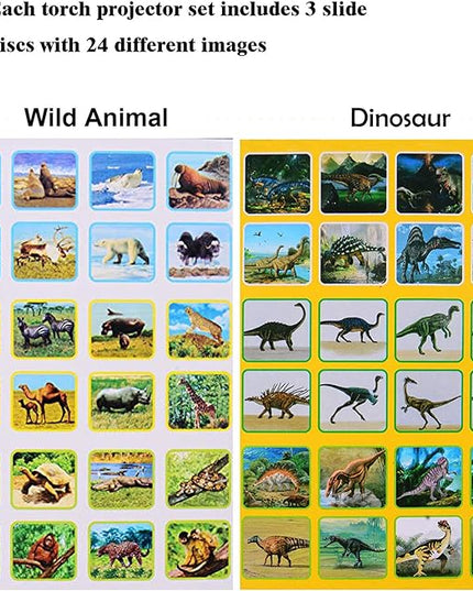 Georgie Porgy Children Projector Toys Educational Science Set Wall Ceiling Tent Torch Flashlight for Kids Gifts for Boys Girls with 2pcs Tattoo Stickers (Dinosaur + Wild Animal) - LeafyLoom