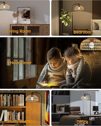 Boho Floor Lamp for Living Room,Rattan Floor Lamps with Remote,3 Color Temperature and Stepless Dimmable,Farmhouse Standing Lamps for Bedroom,Office with Handmade Lampshade,12W Smart Bulb Included - LeafyLoom