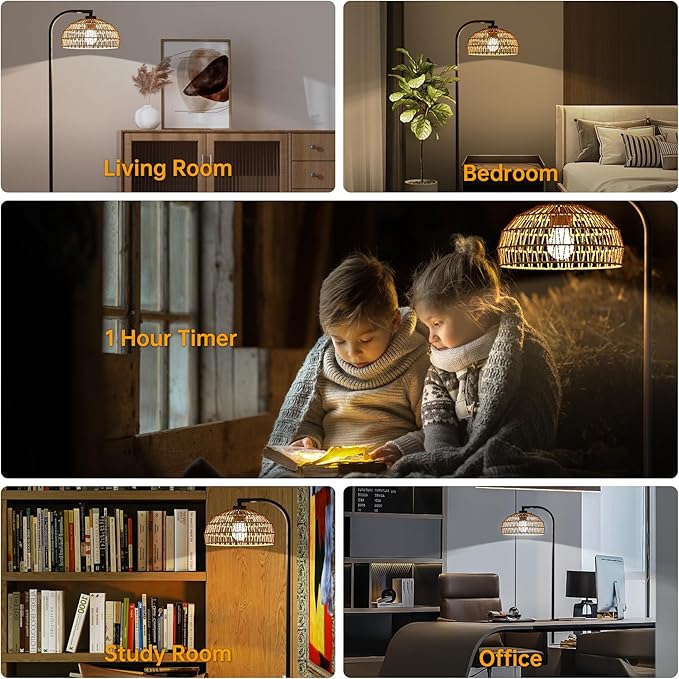 Boho Floor Lamp for Living Room,Rattan Floor Lamps with Remote,3 Color Temperature and Stepless Dimmable,Farmhouse Standing Lamps for Bedroom,Office with Handmade Lampshade,12W Smart Bulb Included - LeafyLoom
