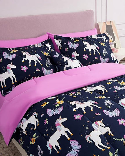 Mooreeke Kids Comforter Bed Set Twin Size for Girls, 6 Pieces Bed in a Bag with Shams, Sheet Set, Purple Pink Unicorn Twin Soft Microfiber Kids Comforter Bedding Set - LeafyLoom