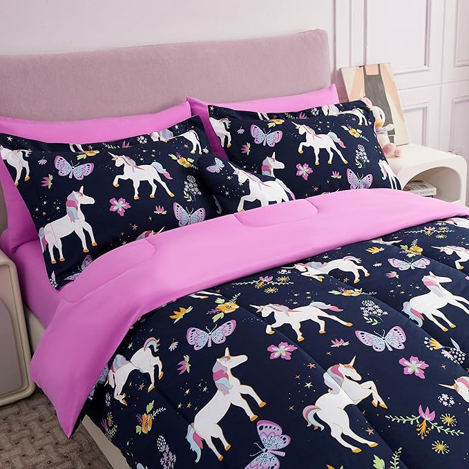 Mooreeke Kids Comforter Bed Set Twin Size for Girls, 6 Pieces Bed in a Bag with Shams, Sheet Set, Purple Pink Unicorn Twin Soft Microfiber Kids Comforter Bedding Set - LeafyLoom