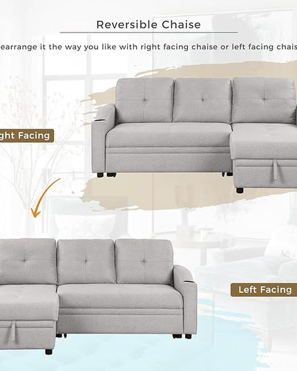 80.3'' L-Shape Convertible Sleeper Sectional Sofa with Storage Chaise and Pull-Out Bed, Linen Upholstered Reversible Corner Couch w/Tufted Cushions &Cup Holder, for Living Room, Apartment - LeafyLoom