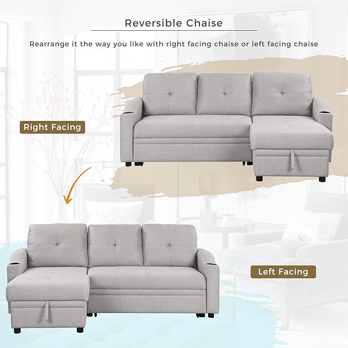 80.3'' L-Shape Convertible Sleeper Sectional Sofa with Storage Chaise and Pull-Out Bed, Linen Upholstered Reversible Corner Couch w/Tufted Cushions &Cup Holder, for Living Room, Apartment - LeafyLoom
