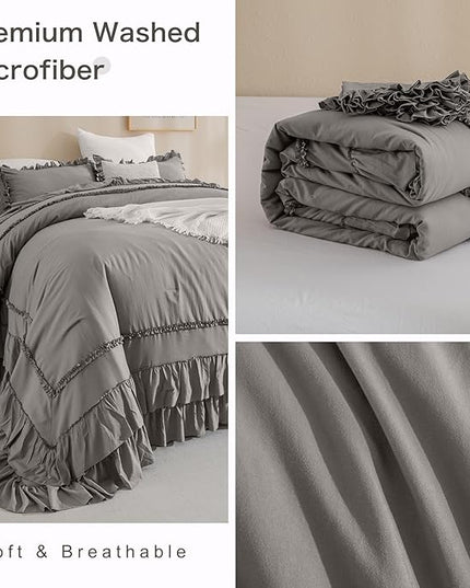 Grey Oversized King Comforter 120x120,Farmhouse Shabby Boho Chic Gray Ruffled California King Comforter Oversized,Vintage French Country Bedding Comforter with Ruffles for All Season - LeafyLoom