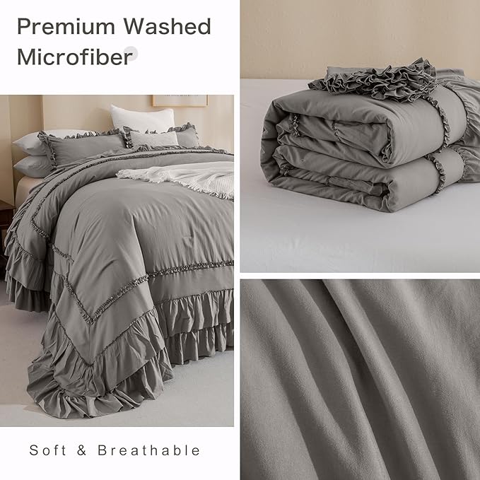 Grey Oversized King Comforter 120x120,Farmhouse Shabby Boho Chic Gray Ruffled California King Comforter Oversized,Vintage French Country Bedding Comforter with Ruffles for All Season - LeafyLoom