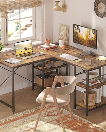 Bestier L Shaped Desk with Shelves 86.6 Inch Reversible Corner Computer Desk or 2 Person Long Table for Home Office Large Gaming Writing Storage Workstation P2 Board with 3 Cable Holes, Rustic Brown - LeafyLoom