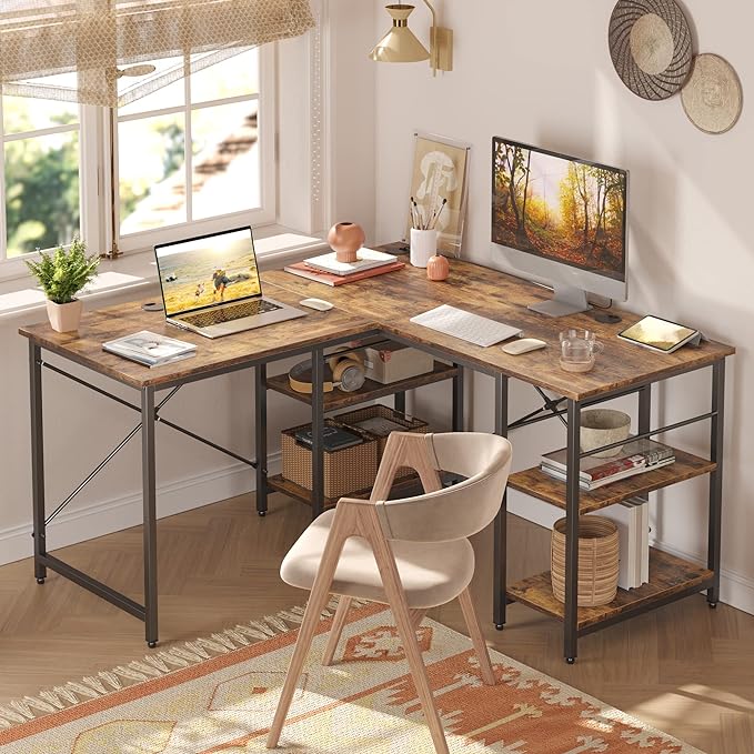 Bestier L Shaped Desk with Shelves 86.6 Inch Reversible Corner Computer Desk or 2 Person Long Table for Home Office Large Gaming Writing Storage Workstation P2 Board with 3 Cable Holes, Rustic Brown - LeafyLoom