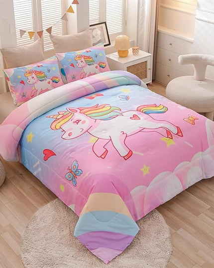 Aimuan Girls Unicorn Comforter Set 3 Pieces Pink Purple Bedding Set with Rainbow Star Galaxy Stars Fantasy Children Room Decor Soft Reversible Bed Sets for Boys/Girls/Teens (Pink Blue Full3Pcs) - LeafyLoom