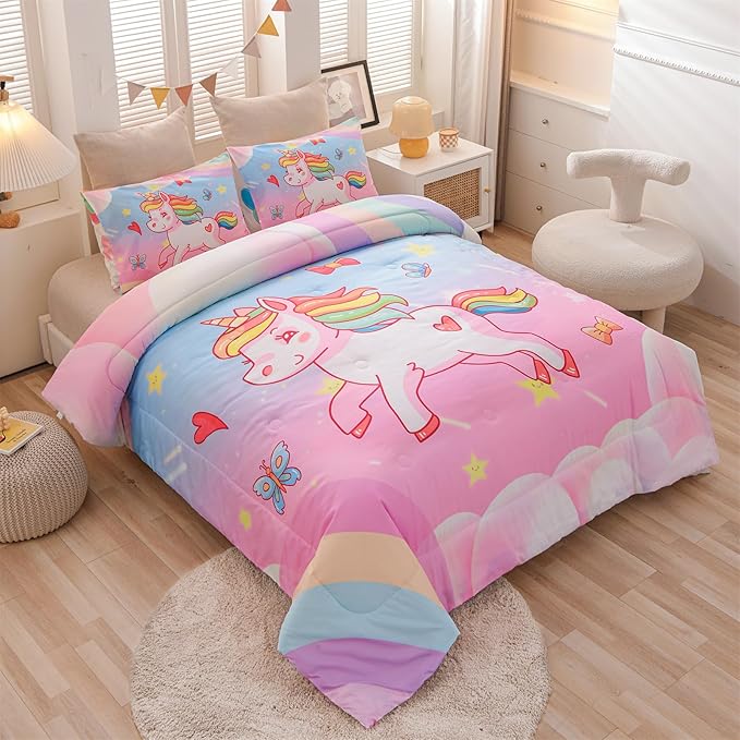Aimuan Girls Unicorn Comforter Set 3 Pieces Pink Purple Bedding Set with Rainbow Star Galaxy Stars Fantasy Children Room Decor Soft Reversible Bed Sets for Boys/Girls/Teens (Pink Blue Full3Pcs) - LeafyLoom