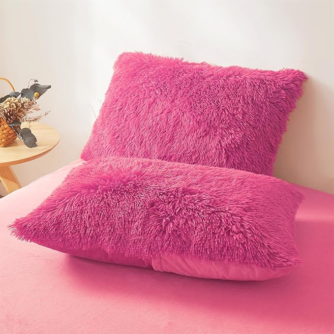 Fluffy hot pink comforters Cover twin size - Ultra Soft Plush hot pink bedding Sets 2 Pieces (1 faux fur comforter Cover + 1 fuzzy pillow case) girls shaggy hot pink twin bed set (Hot Pink, Twin) - LeafyLoom
