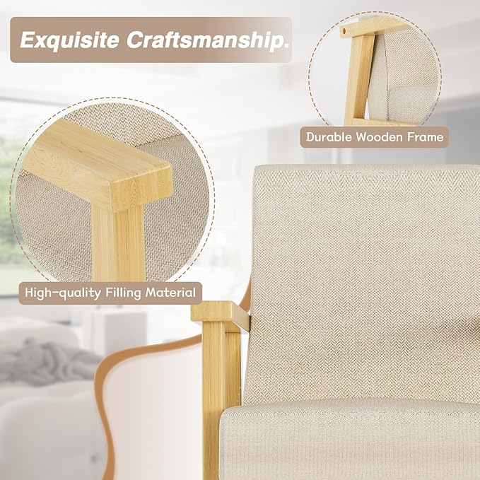 YESHOMY Mid-Century Modern Accent Chair with Solid Wood Frame and Thick Cushion for Living Room, Bedroom, Home Office, Set of 2, Beige - LeafyLoom