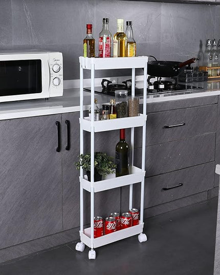 Sooyee 4 Tier Slim Storage Cart Mobile Shelving Unit Organizer Slide Out Storage Rolling Utility Cart Tower Rack for Kitchen Bathroom Laundry Narrow Places, Plastic & Stainless Steel,White - LeafyLoom