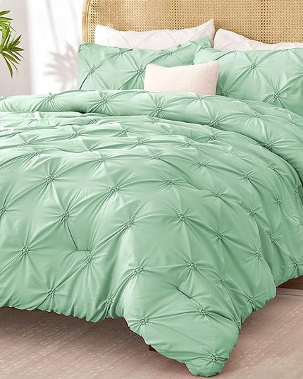 BEDELITE Green Twin Comforter Set for Girls - 2 Peices Boho Pintuck Bedding Comforter Sets, Lightweight Soft & Warm Twin Bedding Sets with 1 Pillowcase for All Season - LeafyLoom
