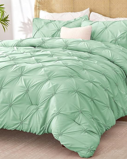 BEDELITE Green Queen Comforter Set - 3 Pieces Boho Pintuck Bedding Comforter Sets, Lightweight Soft & Warm Bed Comforter Queen with 2 Pillowcases for All Season - LeafyLoom
