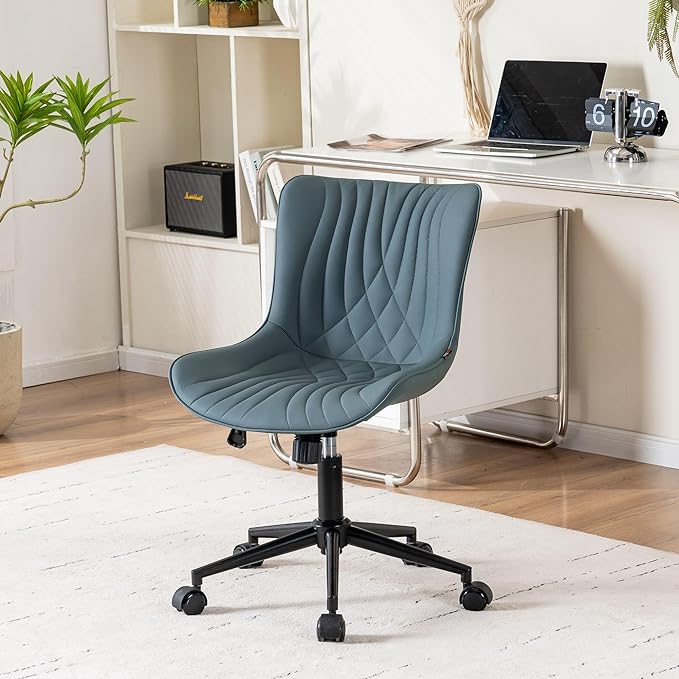YOUNIKE Office Chair Armless Desk Chair with Wheels, Home Office Computer Task Chair, Modern Faux Leather Upholstered Vanity Chair, Adjustable Swivel Rolling Office Chairs, Greyishgreen - LeafyLoom