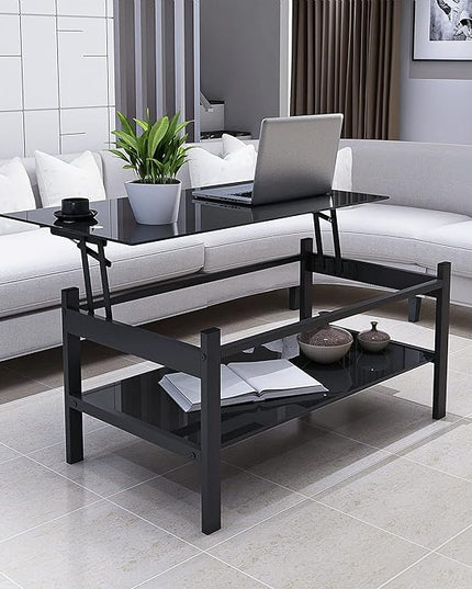 Glass Lift Top Coffee Table, 38 Inch Modern Simple 2-Layer Tempered Glass Coffee Table with Storage Shelf, Center Table/Tea Table for Living Room, Black - LeafyLoom