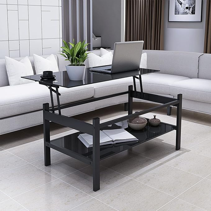 Glass Lift Top Coffee Table, 38 Inch Modern Simple 2-Layer Tempered Glass Coffee Table with Storage Shelf, Center Table/Tea Table for Living Room, Black - LeafyLoom
