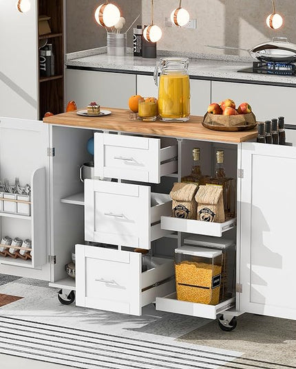 Kitchen Island with Storage, Spice Rack & Tower Rack, Mobile Rolling Kitchen-Cart on Wheels w/Rubber Wood Top, 3 Drawer, 2 Slide-Out Shelf and Internal Storage Rack - LeafyLoom