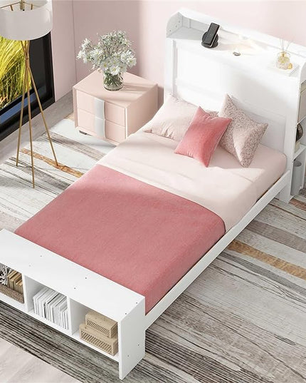 Merax Twin Size Platform Bed with Storage,Led Light and USB Ports,Kids Twin Bed Frame with Built-in Shelves and Cabinet,Kids Storage Bed Frames - LeafyLoom