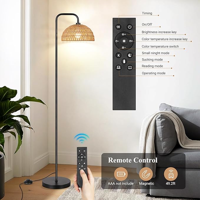 PARTPHONER Rattan Floor Lamp, 68'Standing Lamp for Living Room with 3 Color Temperatures Adjustable Tall Reading Lamp for Bedroom Office, Bulb Include - LeafyLoom