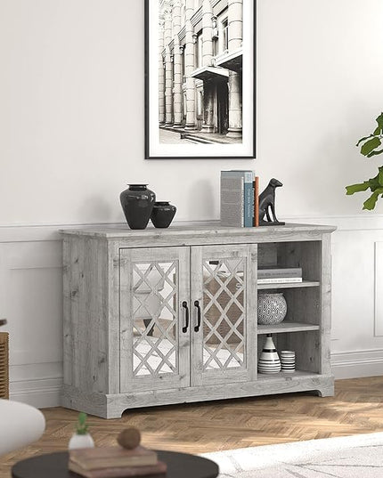 Galano Millicent 2 Door Sideboard with Shelves, Farmhouse Buffet Cabinet, Rustic Storage Cabinet, Coffee Bar for Dining Room, Kitchen, Hallway and Living Room, Mexican Grey - LeafyLoom