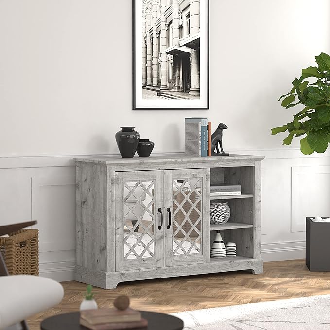 Galano Millicent 2 Door Sideboard with Shelves, Farmhouse Buffet Cabinet, Rustic Storage Cabinet, Coffee Bar for Dining Room, Kitchen, Hallway and Living Room, Mexican Grey - LeafyLoom