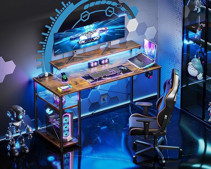 MOTPK Computer Desk with Led Lights & Power Outlet, 47 Inch Reversible Kids Desk with Shelves, Writing Desk with Adjustable Monitor Stand & Headphone Hook, Work Desk for Home Office, Brown - LeafyLoom