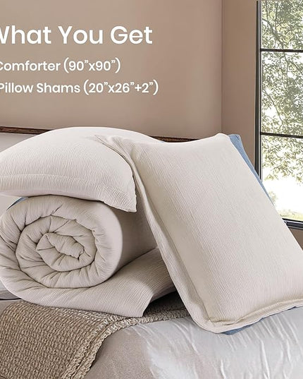 Beige Queen Comforter Set, Summer Bedding Minimalist Queen Bed Set, Crinkle Design Bedding Queen Size, 3 Piece Lightweight Comforter Queen with Shams (Queen, 90"x90", Dark Beige) - LeafyLoom