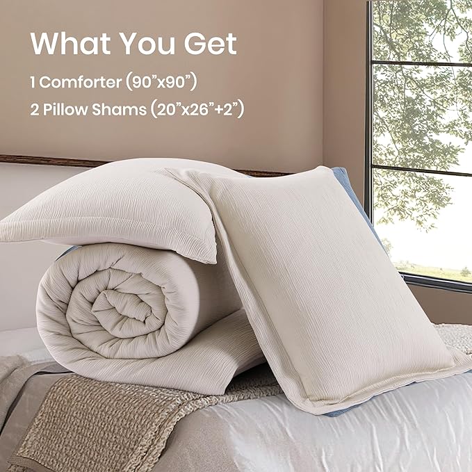 Beige Queen Comforter Set, Summer Bedding Minimalist Queen Bed Set, Crinkle Design Bedding Queen Size, 3 Piece Lightweight Comforter Queen with Shams (Queen, 90"x90", Dark Beige) - LeafyLoom