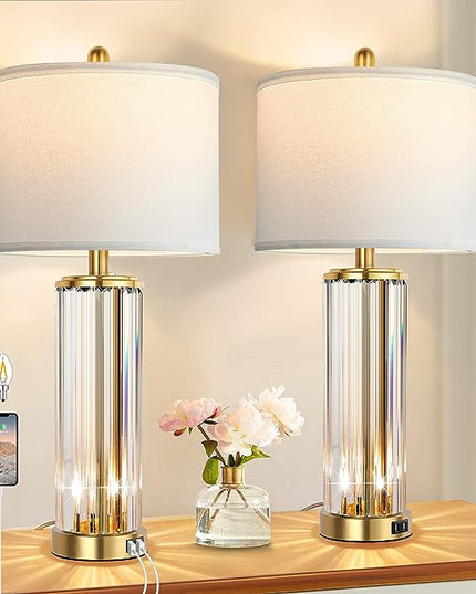 QiMH Gold Table Lamps for Bedroom Set of 2 with Nightlight, Modern Bedside Lamp with 2 USB Charging Port, Clear Nightstand Lamp for Living Room White Shade Home Light Decor(LED Bulbs Included) - LeafyLoom
