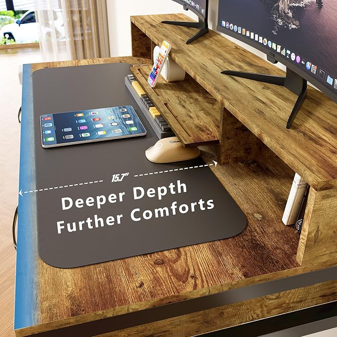 Computer Desk with Drawers, 47" Home Office Desk with Monitor Shelf, Writing Desk with Storage, Gaming Desk Work Desk Study Desk for Bedroom, Rustic Brown - LeafyLoom