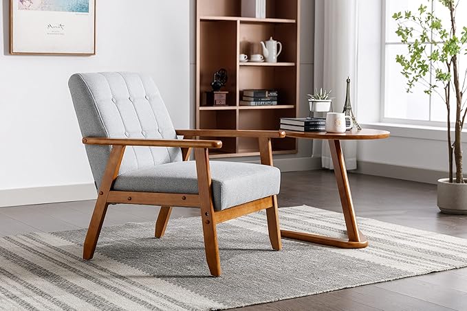 Mid-Century Accent, Modern Single Armchair, Upholstered Leisure Lounge Chair wth Solid Wood Armrest and Feet for Living Room, Bedroom, Office, Gray - LeafyLoom